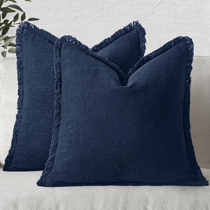 MIULEE Boho Linen Fringe Decorative Throw Pillow Covers Dark Navy 20x20 | Set by MIULEE