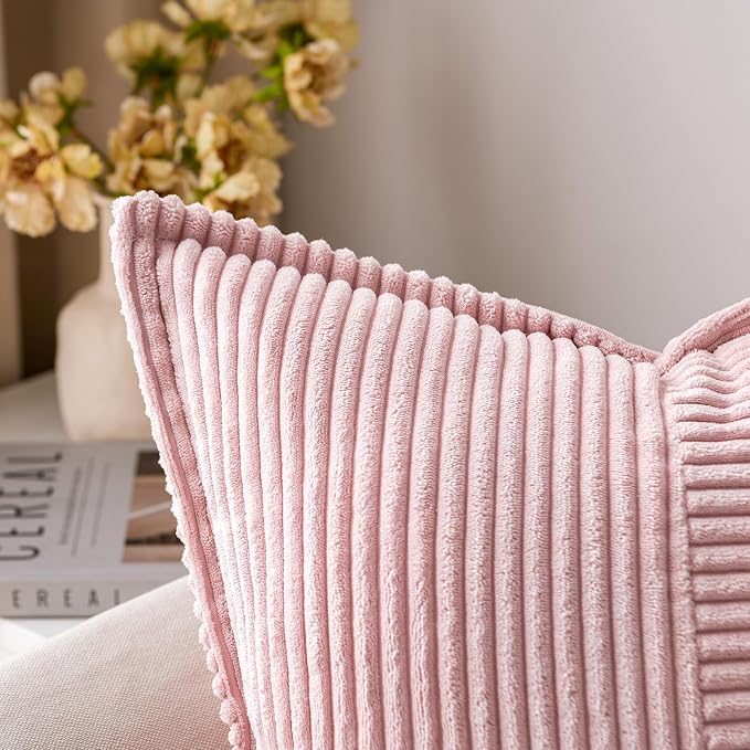 MIULEE Pink Corduroy Decorative Euro Sham Pillow Covers 24x24 Inch - Image 2