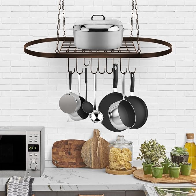 Sorbus Pot and Pan Rack for Ceiling 31" with 10 S Hooks — Decorative Oval Mounted Storage Rack — Multi-Purpose Organizer Great for Home, Restaurant, Kitchen Cookware, Utensils, Books, (Bronze)