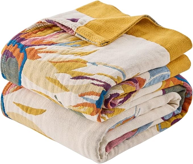 100% Muslin Throw Blanket for Couch, Butterfly and Floral Double Embroidery Summer Throw Blanket 60"x80" for Bed, Chair, Woven Cotton Reversible Mexican Blanket