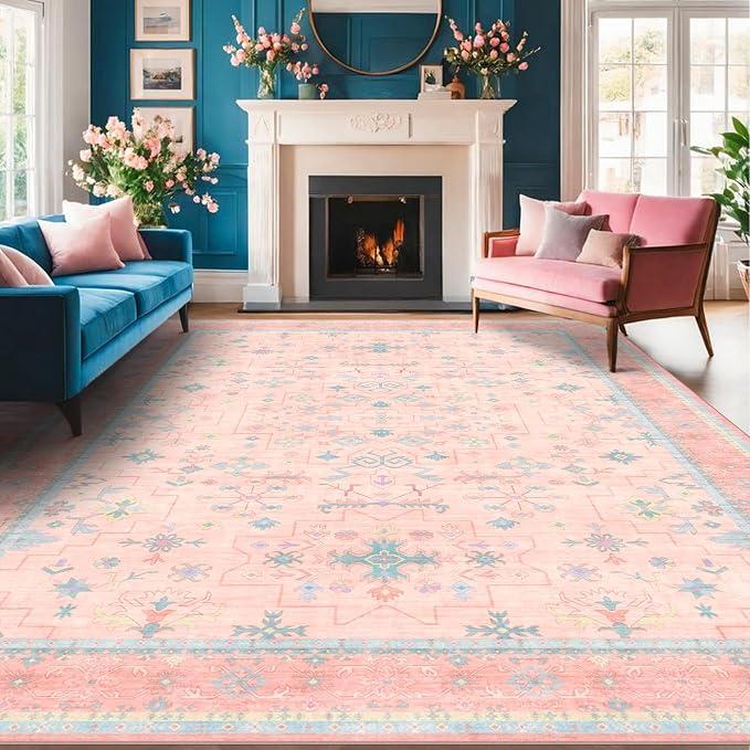 Washable Pink and Blue 7x9 Boho Rugs - Image 8