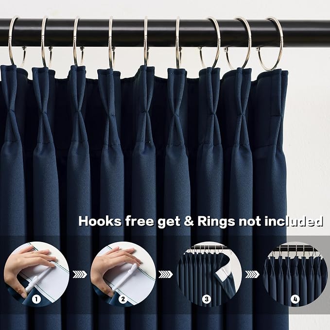 Navy Blue Curtains 102 Inches Long 2 Panels Set, Pinch Pleated Thermal - Image 2