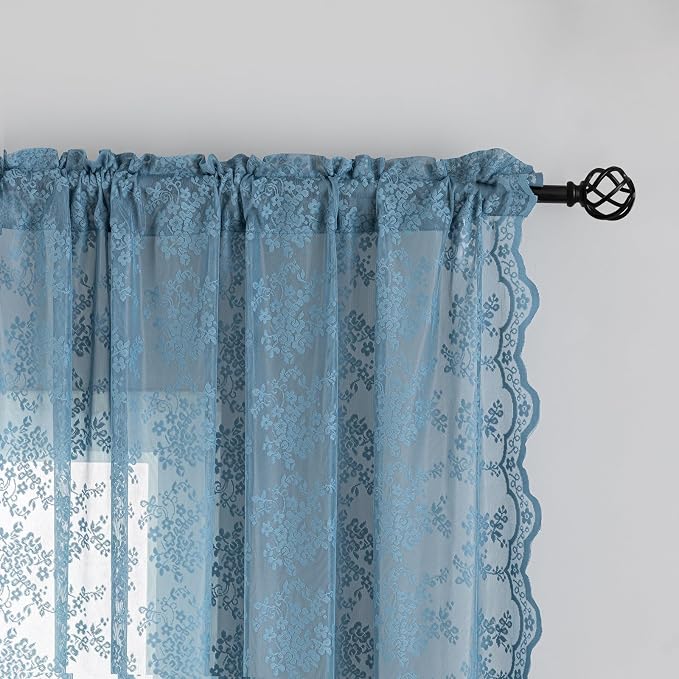YJ YANJUN Vintage Lace Curtains 84 Inch Length-Dusty Blue Floral Sheer Curtains - Image 3
