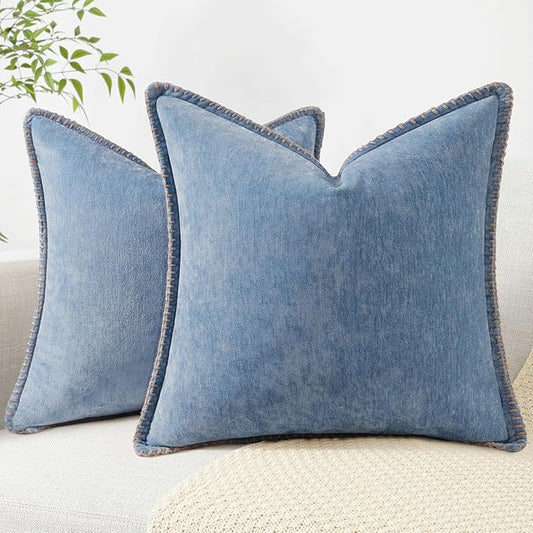 decorUhome Chenille Soft Throw Pillow Covers 18x18 Set of 2, Farmhouse Velvet Neutral Decorative Euro Pillow Covers with Stitched Edge for Couch Sofa Bed Home Decor, Blue