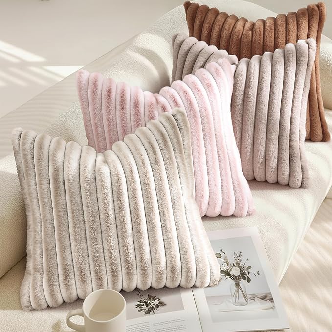 decorUhome Fall Faux Fur Throw Pillow Covers 24x24 Set of 2 Brown | Decorative - Image 4