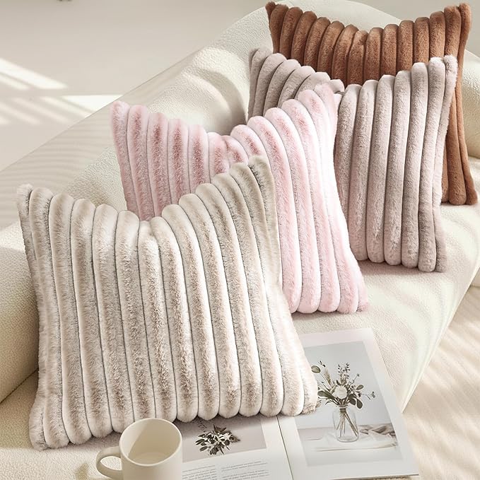 decorUhome Fall Faux Fur Throw Pillow Covers 18x18 Set of 2 Pink White | - Image 4
