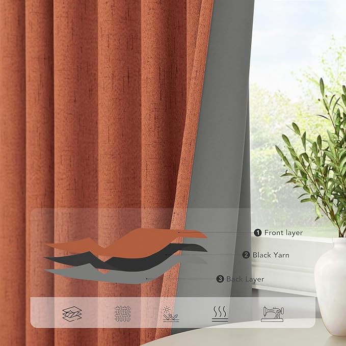 Rust Blackout Curtains for Living Room 102 Inch Length 2 Panels Set Linen - Image 5