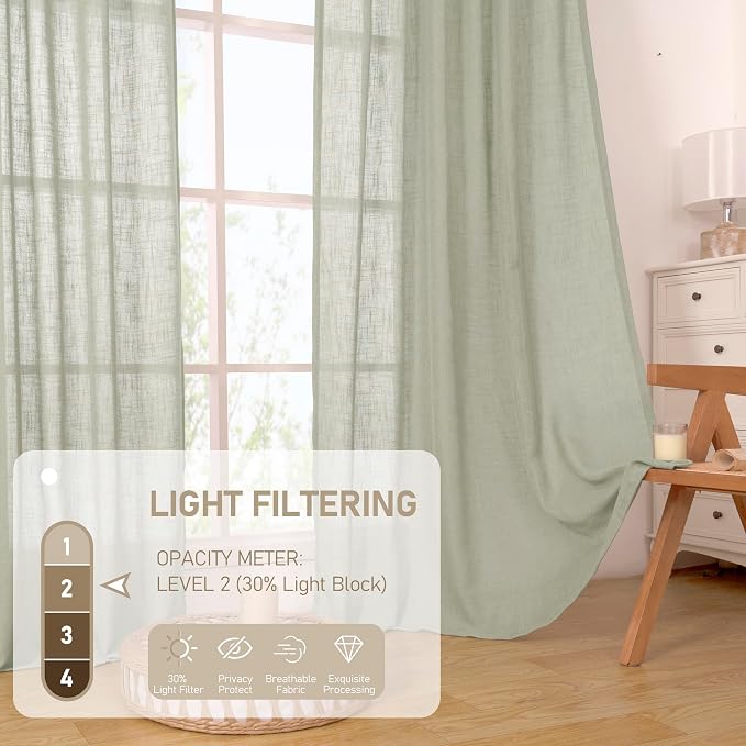 45 Inch Length Linen Curtains for Small Window Bedroom, 34 x 45 Inch | Semi - Image 4