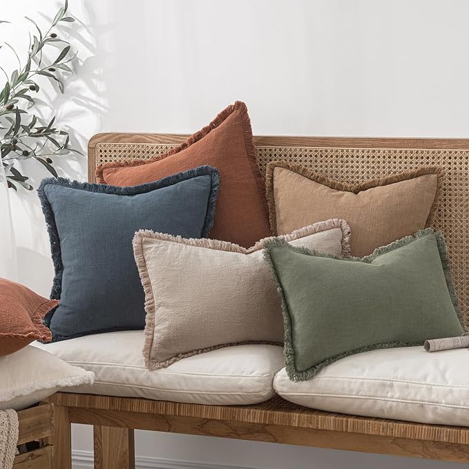 MIULEE Boho Natural Linen Fringe Decorative Throw Pillow Covers 16x16 | Set of 2 - Image 6