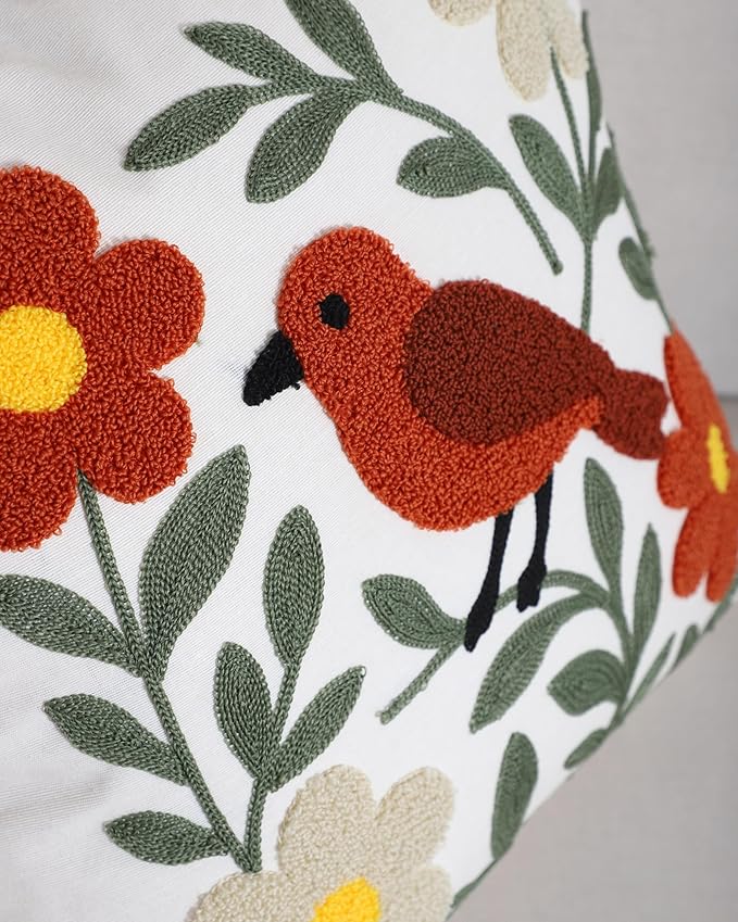 Throw Pillow Cover with Bird Embroidery – 18x18 inch Handmade Punch Needle Cushion Cover – 100% Cotton Decorative Pillow for Couch, Bed or Living Room – Boho Nature-Inspired Home Decor