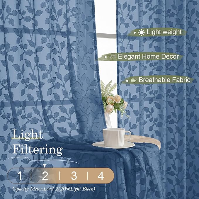 Chyhomenyc Extra Long Dusty Blue Sheer Curtains 108 Inch Length 2 Panels Set - Image 2
