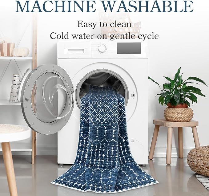 Lahome Moroccan Blue Runner Rug 2x6 Rug Non-Slip Stain Resistant Kitchen Rug - Image 3