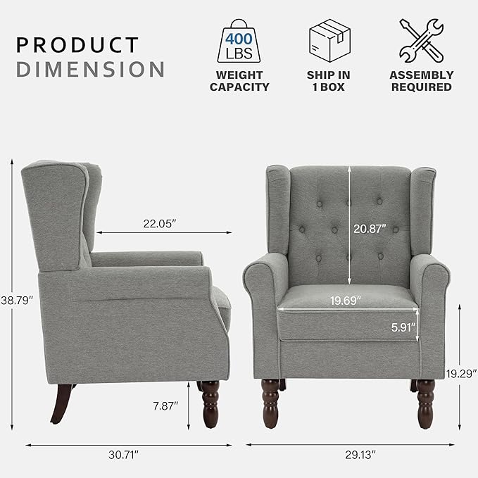 Lumibee High Back Accent Chair,Upholstered Wingback Armchair with Solid Wood Legs for Small Spaces,Comfy Single Sofa Chair for Living Room,Bedroom,Office-Light Gray