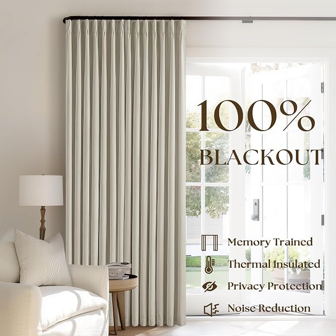 Oatmeal Pinch Pleated Full Blackout Curtains Linen Blend 80 Inches Long | Room - Image 3