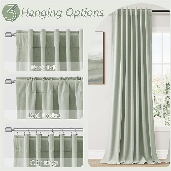 Guken Mist Sage 100% Blackout Linen Curtains 96 Inch Length 2 Panels Set - Image 6