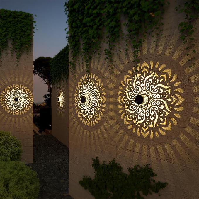 2 Pack Solar Fence Lights Metal Solar Powered Outdoor Deck Step Wall Lights Mandala Theme Waterproof Fence Light for Garden Post Patio Backyard Yard Decor (2 Pack)