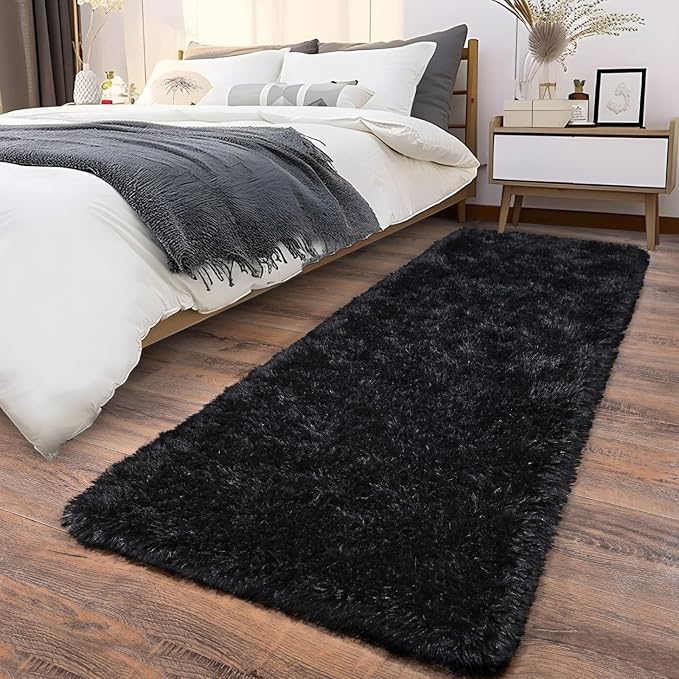 Fluffy Shag Runner Rugs for Bedroom Hallways, 2x8 Black Long Soft Throw Area by Ailyei