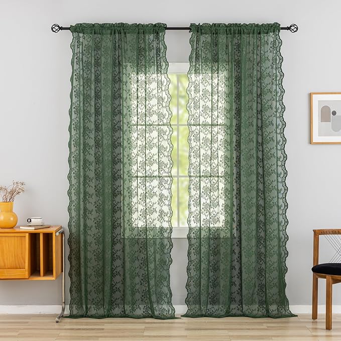 YJ YANJUN Vintage Lace Curtains 96 Inches Long-Victorian Floral Green Sheer by YJYANJUN