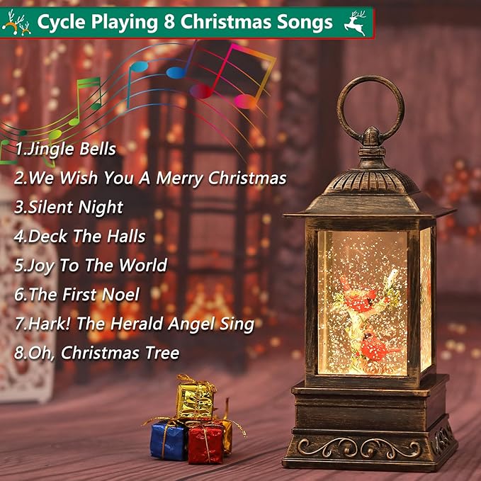 Christmas Snow Globe Cardinal Lantern, Glitter Lighted Christmas Decorations for Home with Music, Light Up Musical Snowglobe Cardinal Décor