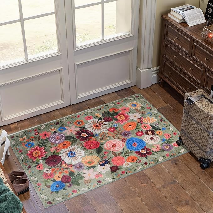 Floral Rug for Entryway, Non-Slip Indoor Door Carpet Stain Resistant Boho Small by WelcometoBabovid