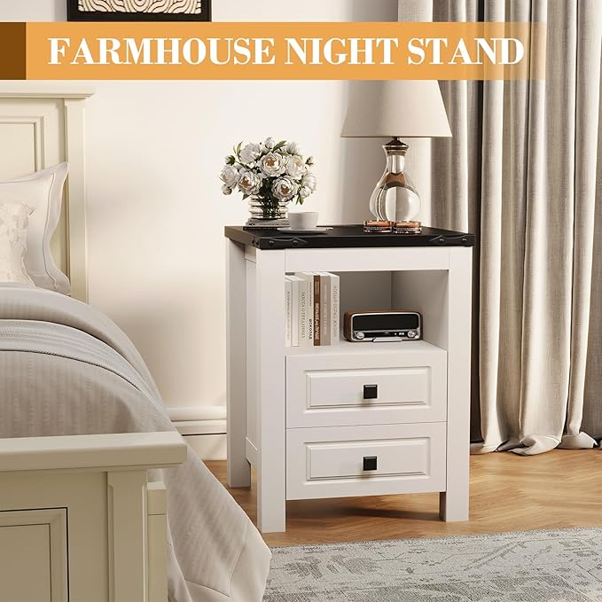 Apicizon End Table Set of 2, Farmhouse End Tables with Charging Station, Nightstand with Drawers and Storage Cabinet, Small Coffee Table for Small Spaces, Sofa Side Table for Living Room, Bedroom