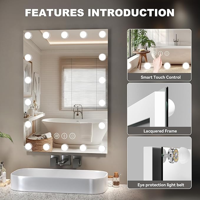 Hasipu LED Bathroom Mirror with Lights, 94" x 36" Hollywood Wall-Mounted Bathroom Mirror with 38 Dimmable Bulbs, 3 Colors Modes, Touch Control, Anti-Fog, Memory Function, Shatter-Proof, ETL Listed