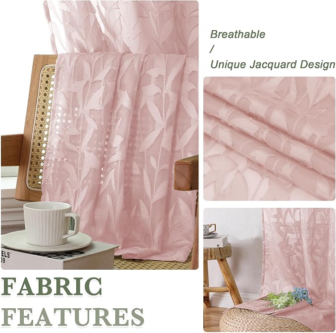 Lecloud Leia Blush Pink Sheer Curtains 96 Inches Long 2 Panels, Airy Leaf - Image 3