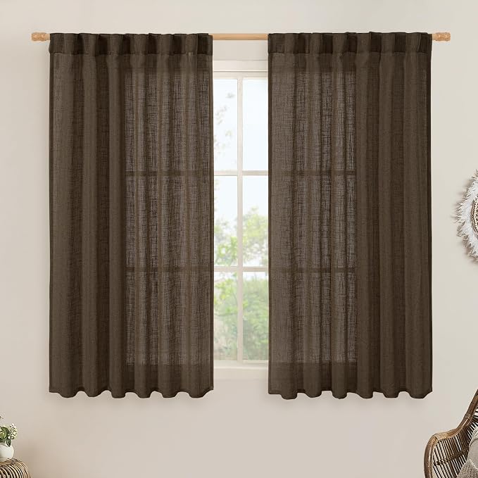 Dark Brown Linen Curtains 54 Inch Length 2 Panels by LAMIT