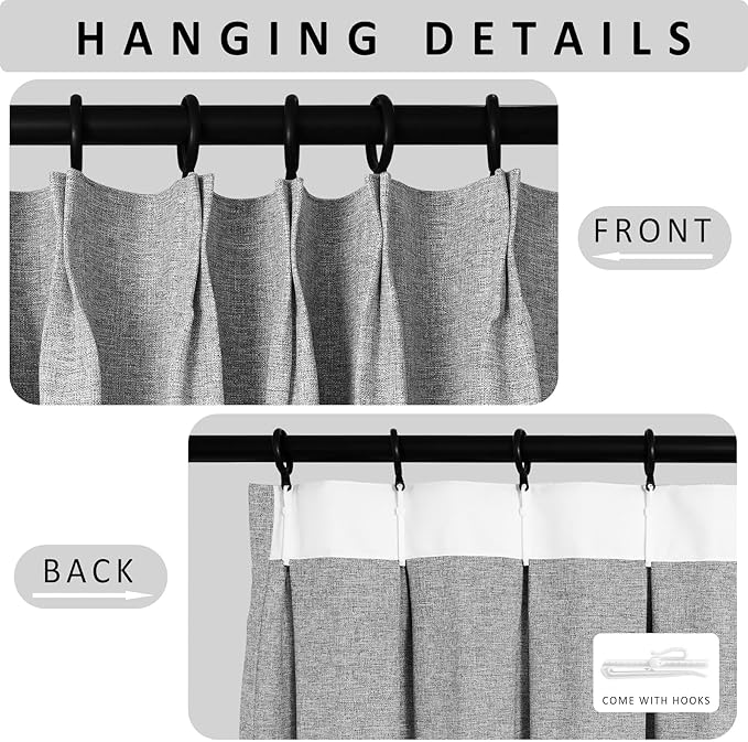Macochico Pinch Pleated Blackout Curtains 102 Inches Long 100% Blackout Natural Linen Drapes for Bedroom Living Room Windows Farmhouse Burlap Curtains with Tieback 52”Wx102”L Light Grey 1 Panel