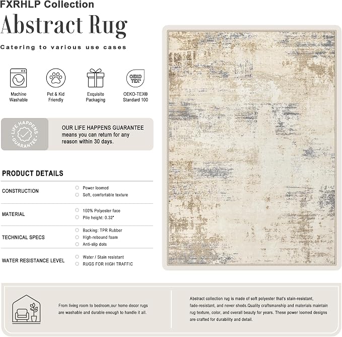 8x10 Area Rug Living Room: Modern Washable Soft Carpet Beige Brown | - Image 2