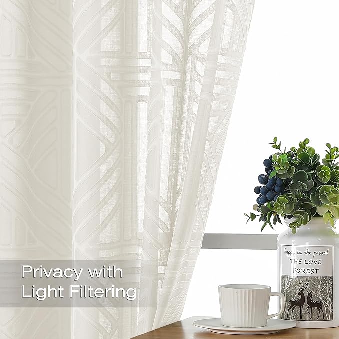 Simplebrand Semi Sheer Ivory Curtains 30 Inch Length 2 Panels, Geometric - Image 3