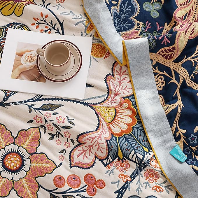 Boho Muslin Blanket for Adults 4-Layer Gauze Twin Size Soft Cozy 100% Cotton Summer Cooling Blanket Floral Decor for Sofa Bed Coverlet Both Sides (Boho Floral, Twin 60 x 80 in)