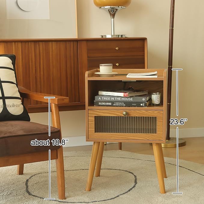 AWASEN Mid Century Nightstand with Charging Station, Modern Bedside Table with Glass Decorative Drawer, Small End Side Table with 2 Tiers Storage for Bedroom, Office and Small Space(Brown)