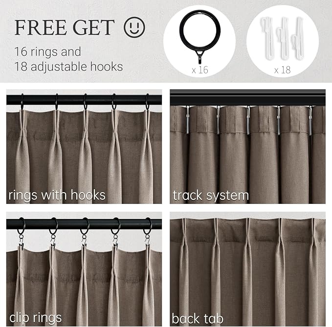 Topfinel Dark Flax Pinch Pleated Linen Curtains 105 Inch Length 2 Panels - Image 2