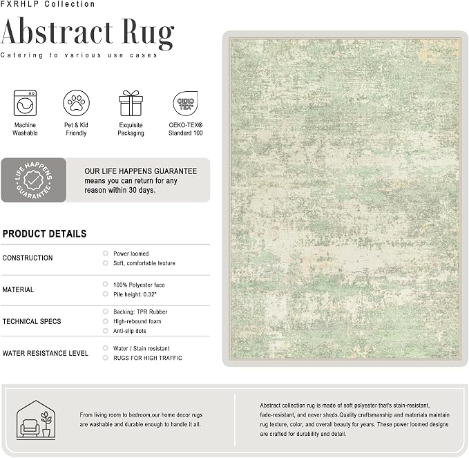 Area Rug Living Room: 3x5 Modern Washable Soft Carpet Green Cream | - Image 3