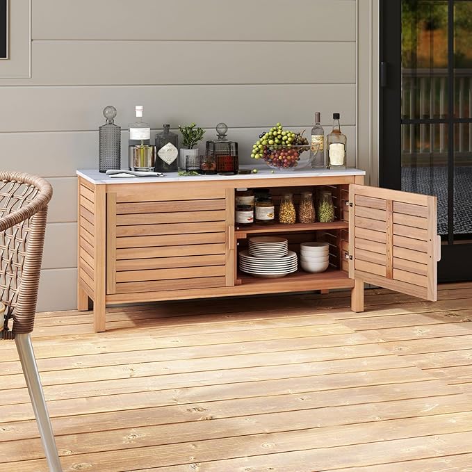 Goplus Patio Storage Cabinet, 2-Door Acacia Wood Storage Container with Faux Marble Top, Outdoor Wooden Sideboard for Deck, Garden, Lawn and Backyard