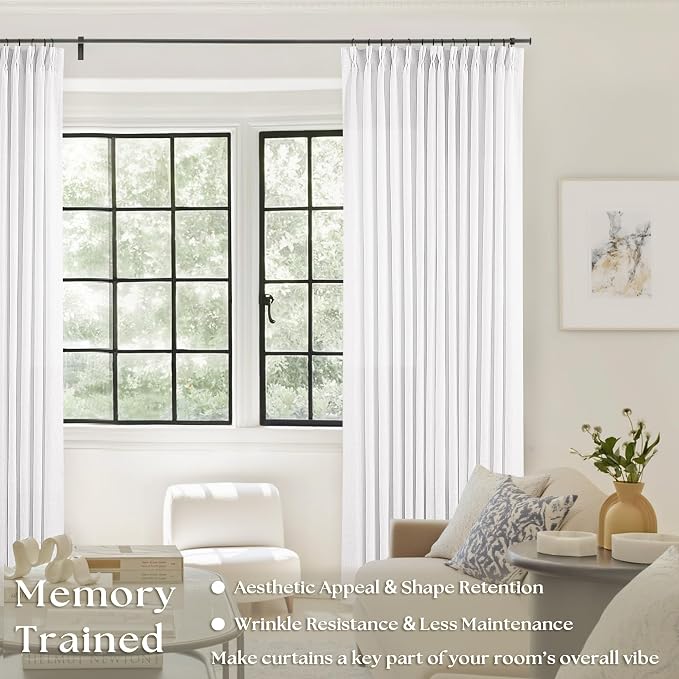 Snow White Pinch Pleated Linen Curtains 108 Inches Long 2 Panels | - Image 2