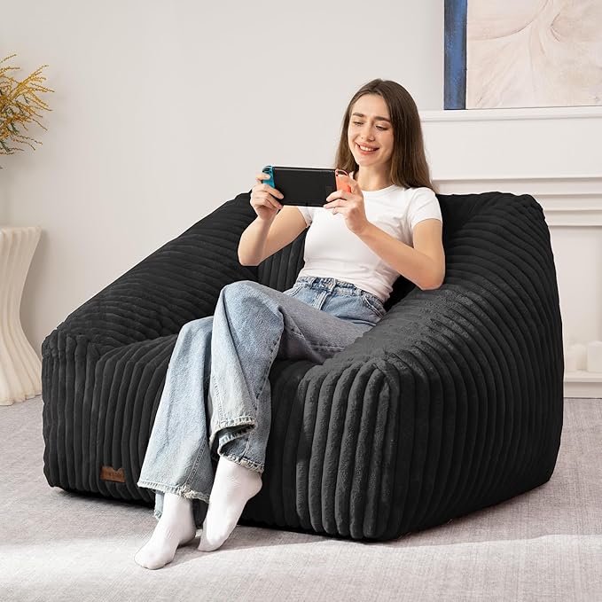 HABUTWAY Bean Bag Chair, Giant Bean Bag Chairs for Adults and Kids, Bean Bag Sofa, Lazy Floor Sofa, Faux Fur Beanbag Chair with Armrests for Living Room Bedroom (Black)