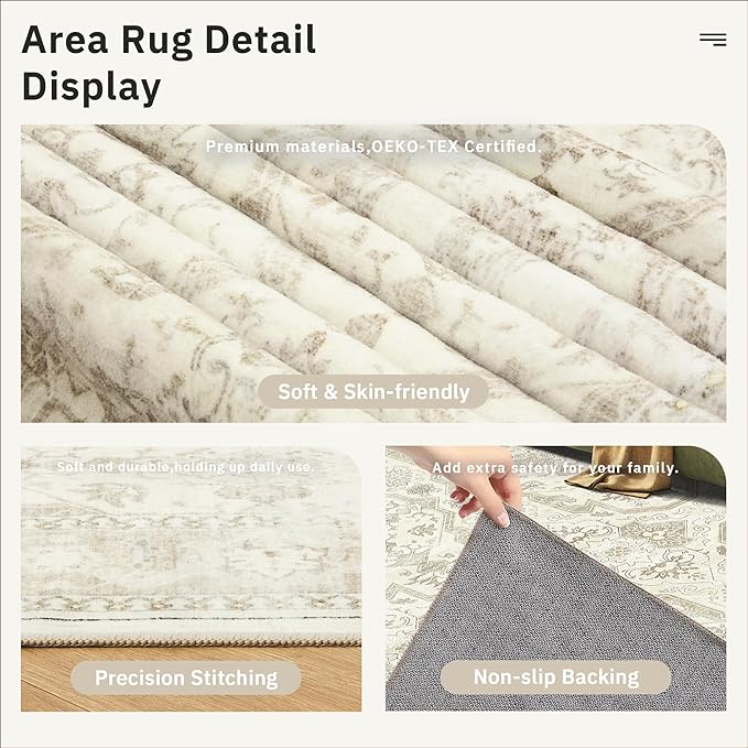 Soalmost 9x12 Area Rugs for Living Room Washable Rug Non-Slip Beige/Brown | - Image 6