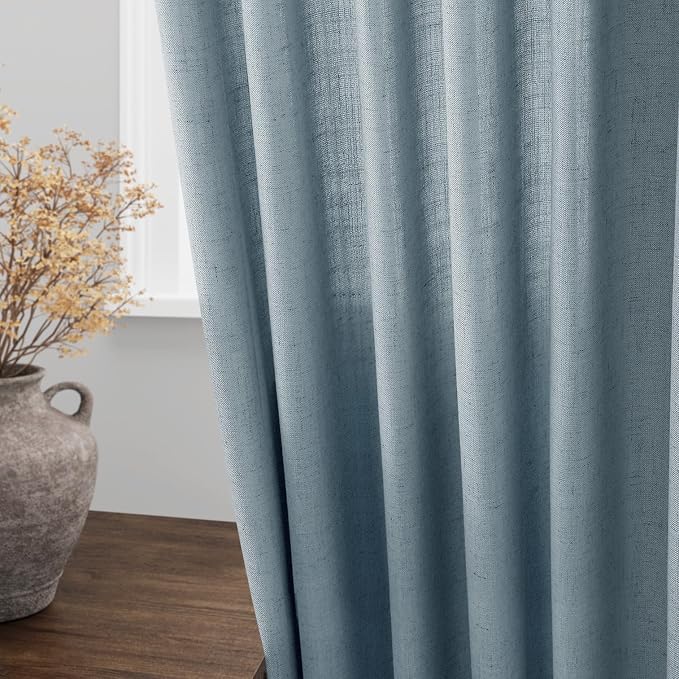 Light Blue Linen Curtains Semi Sheer 96 Inches Long 2 Panels Set - Image 4