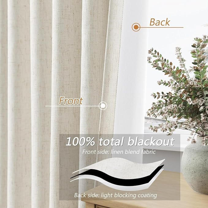 100% Blackout Linen Curtains for Bedroom 74 Inches Long Natural Cream Black Out - Image 4