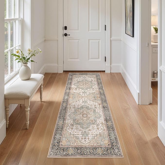 Washable 2x6 Runner Rug - Area Rugs Neutral Vintage Distressed Floral Farmhouse Boho Large Soft Floor Rug Indoor Carpet for Hallway Entryway Bedroom Kitchen - Forest Green Orange