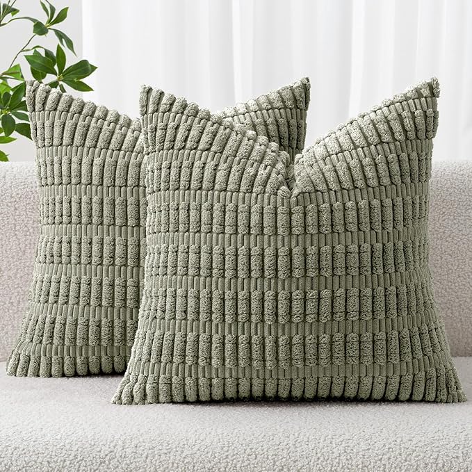 MIULEE Corduroy Decorative Throw Pillow Covers 20x20 Light Olive Pack of 2 | by MIULEE