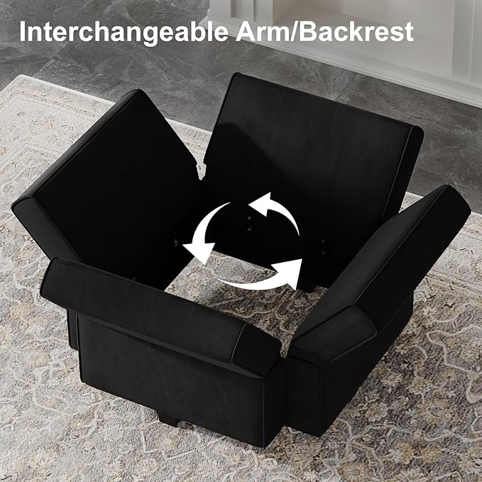 Belffin Modern L Shaped Velvet Sectional Sofa with Chaise, Black, Storage, Adjustable Arm/Backrest