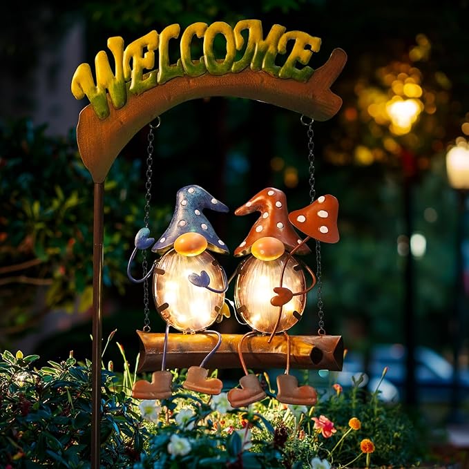 HONGLAND Gnome Garden Decor with Solar Lights, Funny Gnomes Swing Outdoor Decor, Gardening Gifts for Women Mom, Gnomes Yard Decorations with Welcome Sign for Lawn Porch Backyard Patio