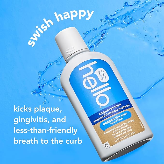 hello Empower-Mint Fluoride Free and Alcohol Free Mouthwash, Non Alcoholic Mint Mouthwash Pack, Peppermint Pow, 3 Pack, 16 Fl Oz Bottles