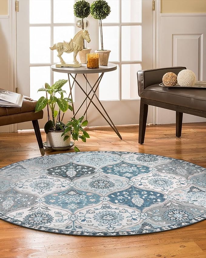 Lahome Moroccan Washable Round Rugs, Soft Vintage Round Rug 4ft Ultra-Thin | - Image 5