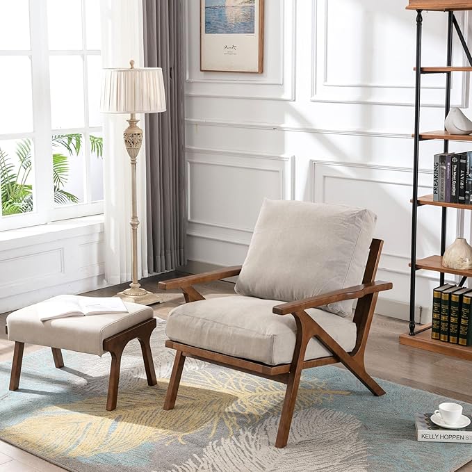 Wahson Mid Century Arm Chair and Ottoman Set, Upholstered Accent Armchair with Wood Frame and Canvas Cushions, Leisure Slipper Chair for Living Room/Bedroom, Beige
