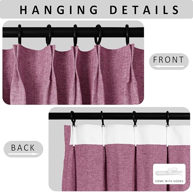 Macochico 100”Wx96”L Pinch Pleated 100% Blackout Linen Curtains Thermal Sliding Curtains for Bedroom Living Room Sliding Glass Door Farmhouse Shabby Chic Lilac Drapery with Tieback 1 Panel