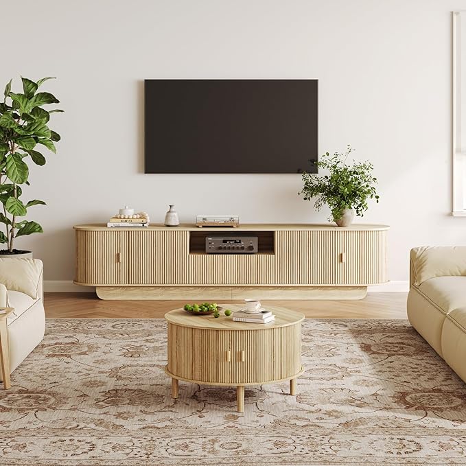 Coffee Table and TV Stand Set of 2, Round Center Table with Storage,Fluted Coffee Table with 360° Sliding Doors, 86.6" Entertainment Center for Bedroom, Living Room,Natural